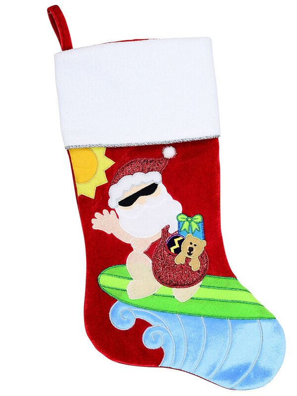 Embroidered Aussie Surf Santa Red Velvet Christmas Stocking | 48cm