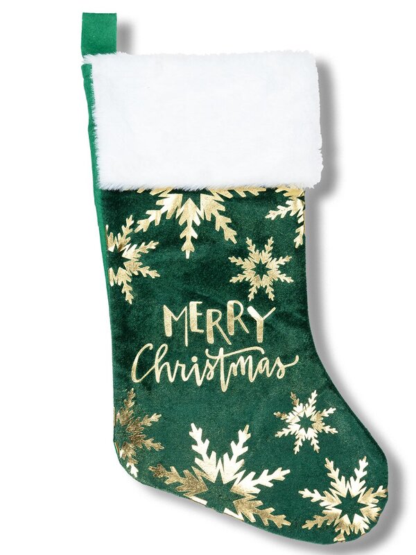 Emerald Velvet Gold Snowflake & Script Christmas Stocking | 45cm