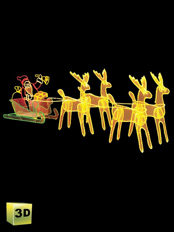 Extra Large Santa In Sleigh With 4 Reindeers 3D Rope Light Display - 3.3m