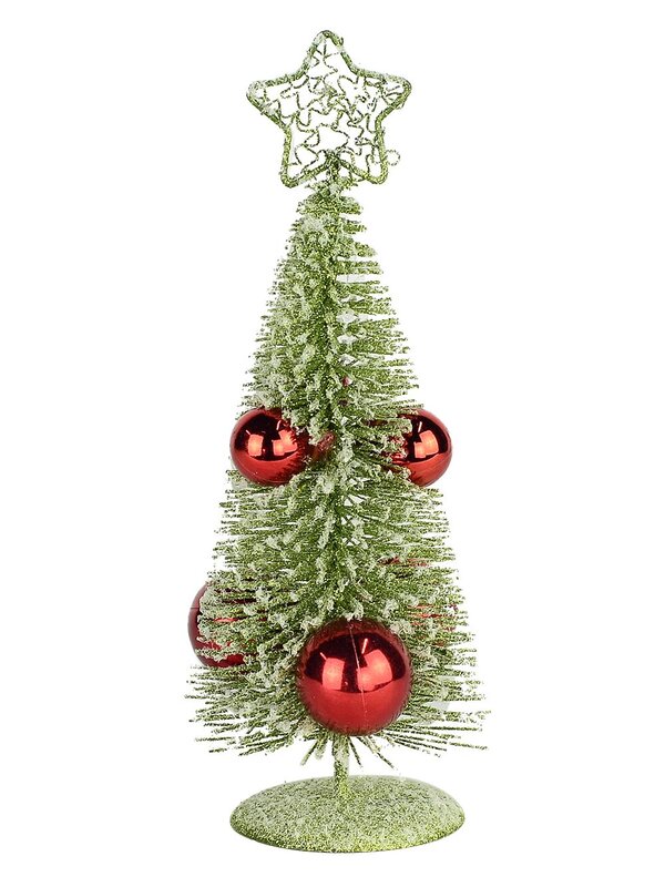 Flocked Green Wire Tree With Red Baubles Table Top Ornament - 20cm