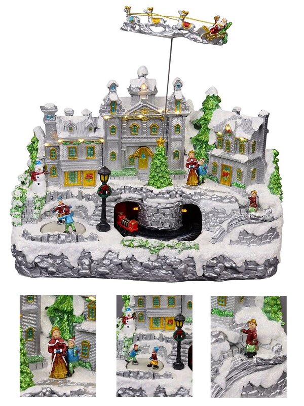 Flying Santa & Reindeer Over Snowy Winter Christmas Village Scene - 38cm