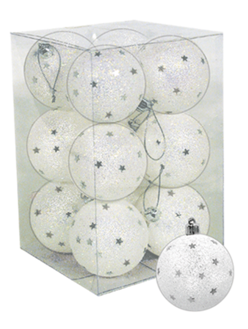 Frosted With Silver Star Christmas Baubles - 12 x 60mm