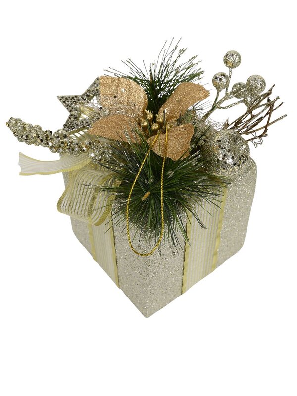 Gift Box Hanging Ornament in Champagne with Greenery - 17cm