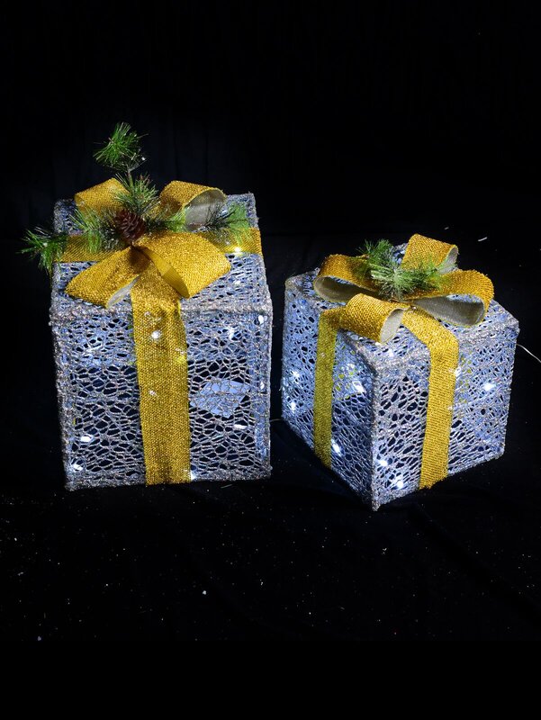 Glittered Grey Mesh 3D Gift Boxes With Bow & Warm White LED Lights - 30cm
