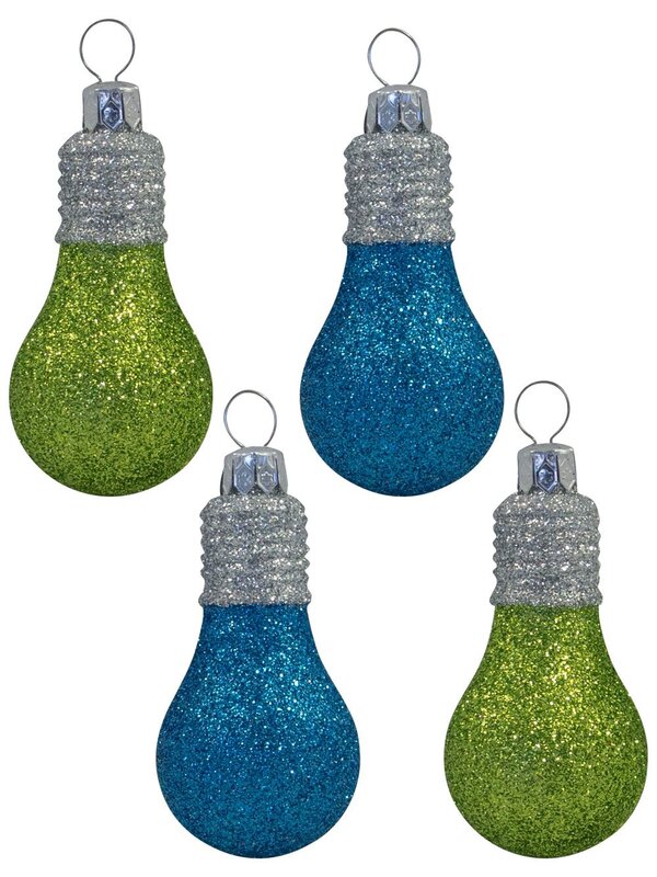 Glittered Lime Green & Turquoise Light Bulb Decorations - 4 x 70mm
