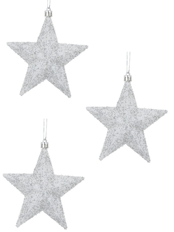 Glittered & Textured White Star Christmas Tree Hanging Decorations - 3 x 13cm