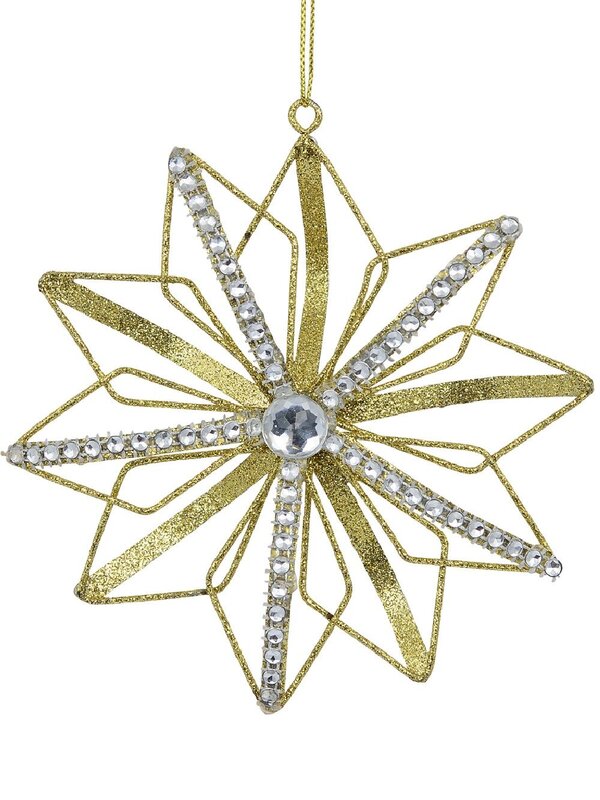 Gold 3D Star Flower With Diamante Christmas Tree Hanging Decoration - 13cm