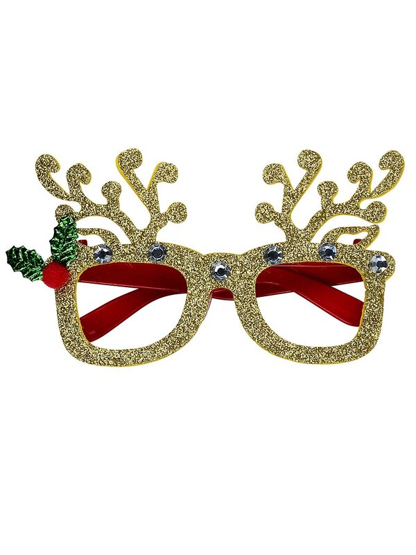 Gold Glitter Reindeer Antler Glasses With Diamante & Holly | One Size Fits Most