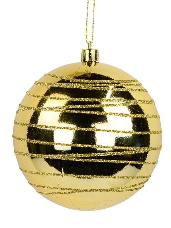Gold Gloss Bauble with Thin Gold Glitter Cross Lined Design - 10cm