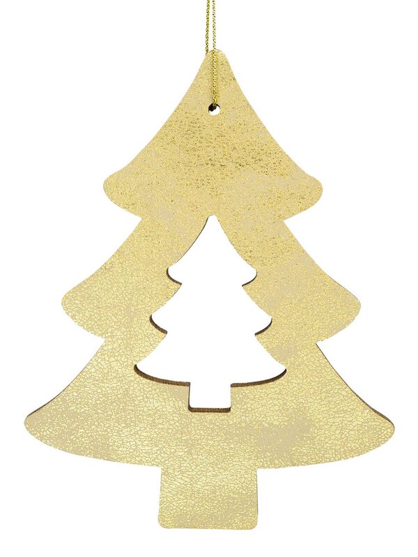 Gold Natural Wood 2D Christmas Tree Hanging Decoration - 12cm