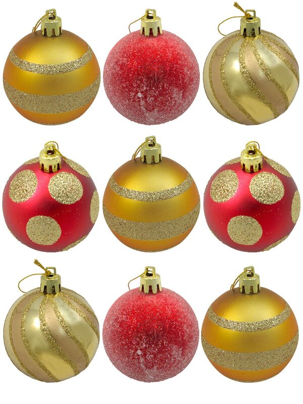Gold & Red Baubles With Assorted Patterns - 9 x 60mm