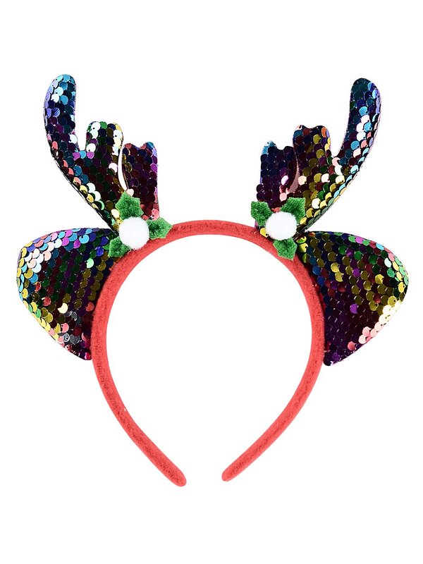 Gold Sequin Reindeer Antlers Headband With Holly | One Size Fits Most