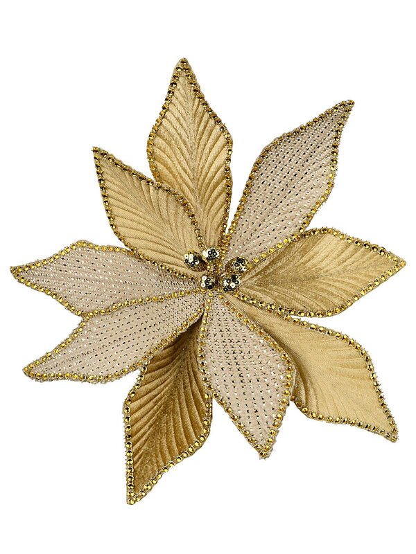 Gold Velvet & Natural With Diamantes Poinsettia Christmas Tree Clip Pick | 30cm
