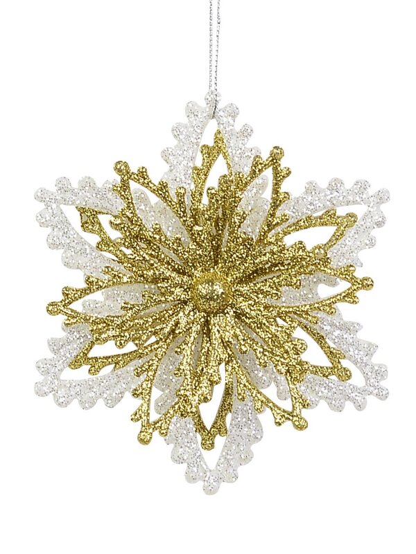 Gold & White Glitter Snowflakes Hanging Ornament - 13cm