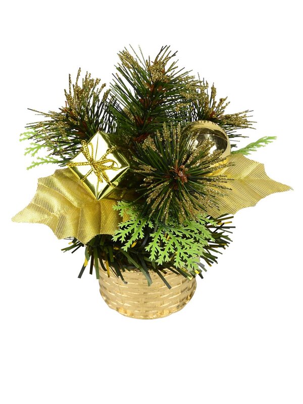 Gold Woven Basket with Greenery & Gift Standing Ornament - 16cm