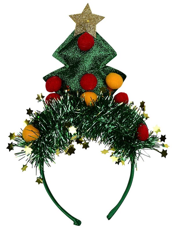 Green Christmas Tree Headband With Tinsel, Star & Poms | One Size Fits Most