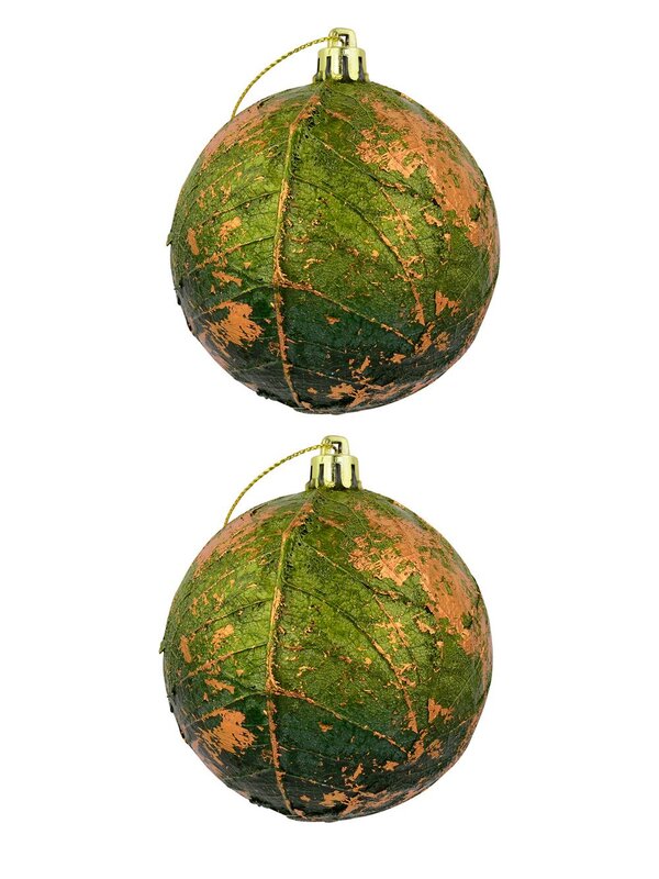 Green Leaf Like Christmas Bauble Decorations With Bronze Detailing - 2 x 80mm