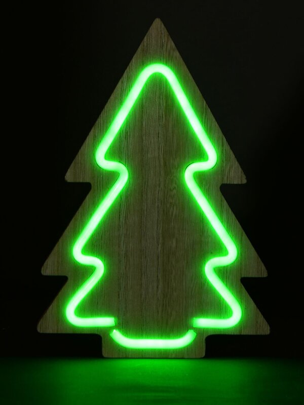 Green LED Neon Christmas Light Tube On Wooden Tree Silhouette - 29cm