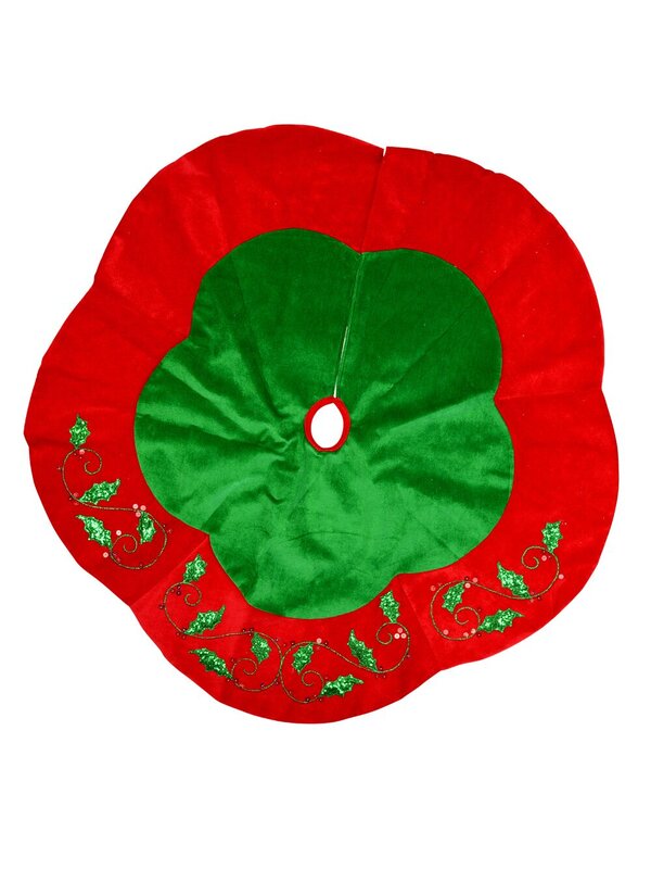 Green & Red Velvet With Holly Leaf Design Christmas Tree Skirt - 1.2m