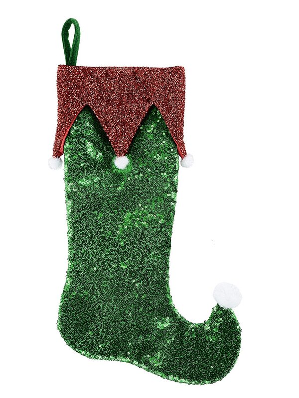 Green Sequin Elf Jester Christmas Stocking With Red Metallic Cuff | 43cm