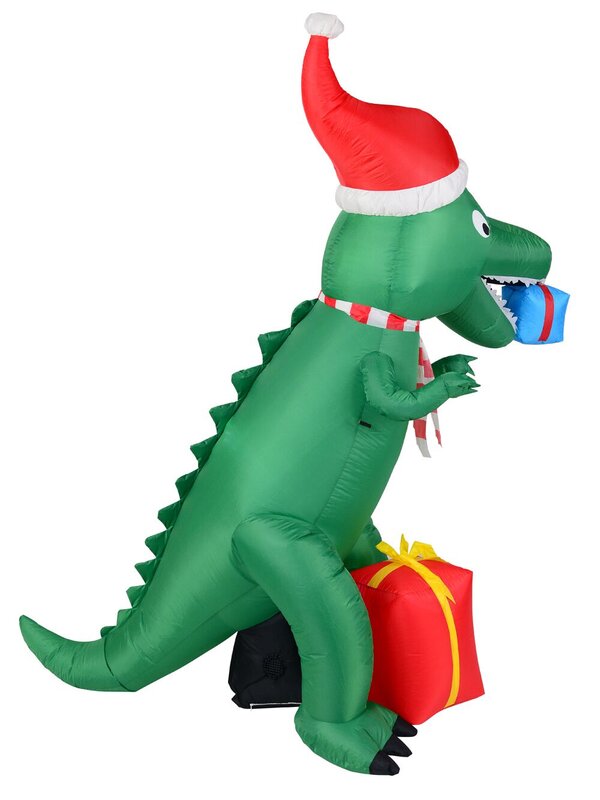 Green T-Rex Dinosaur Inflatable With Santa Hat & Gifts - 2.1m