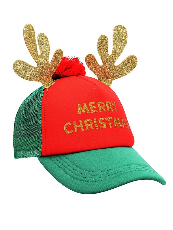 Green With Red Merry Christmas Reindeer Antler Cap | Adjustable Snapback