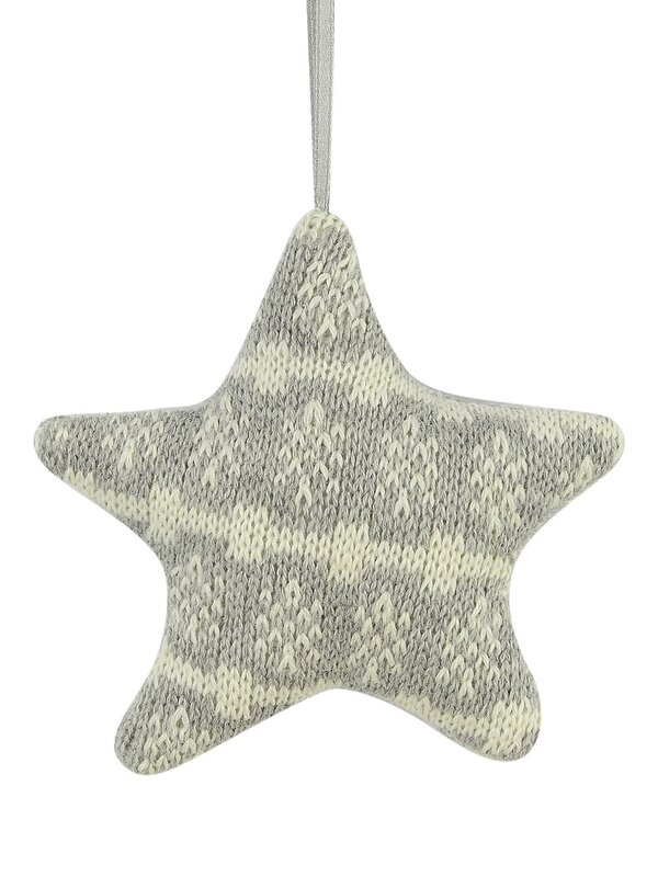 Grey Knitted Fabric Star With Snowflake Pattern Hanging Ornament - 11cm