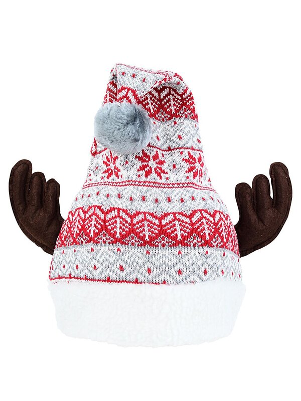 Grey Red & White Knitted Sweater Santa Hat With Antlers | One Size Fits Most