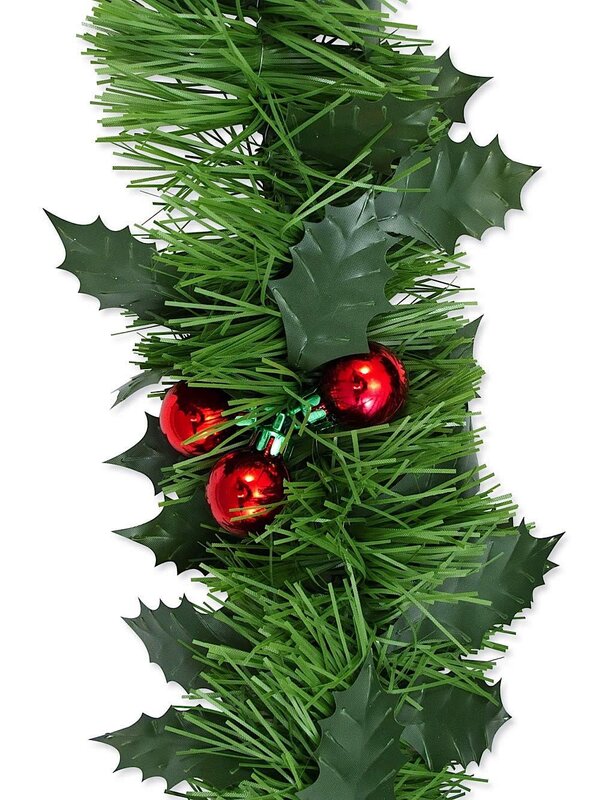 Holly Leaf & Metallic Bauble Cluster Pine Garland - 5.5m