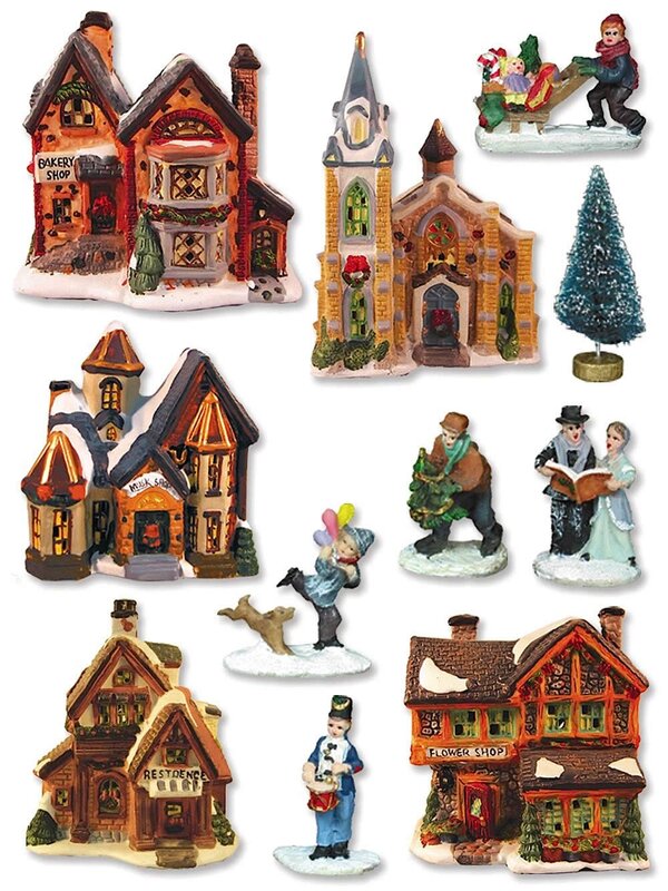 Illuminated 5 House & Church With 6 Figurines Village Scene - 2.6m