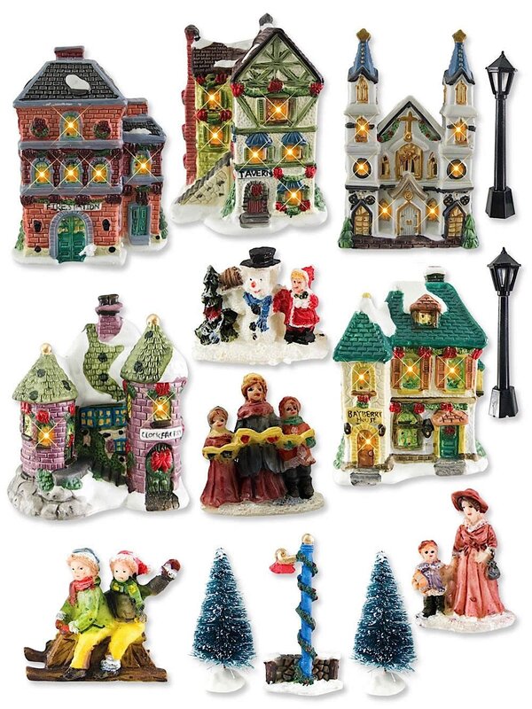 Illuminated 5 House & Church With 9 Figurines Village Scene - 2.6m