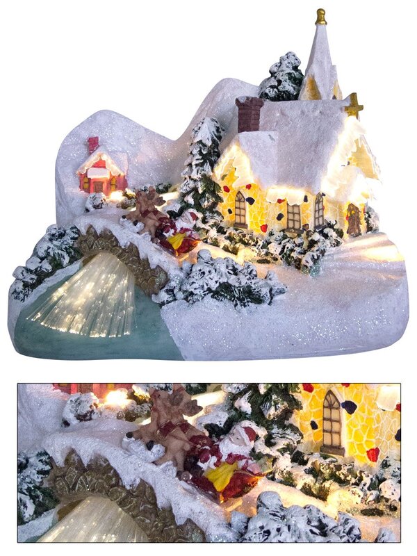 Illuminated & Animated Winter Church Village Scene Ornament - 26cm