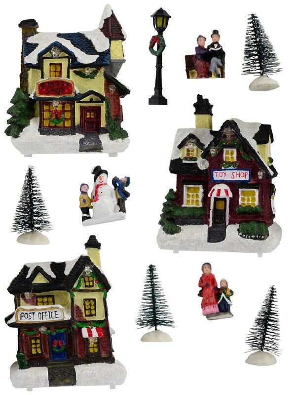 Illuminated Christmas Village Scene With Village Shops & Figurines - 11 Piece
