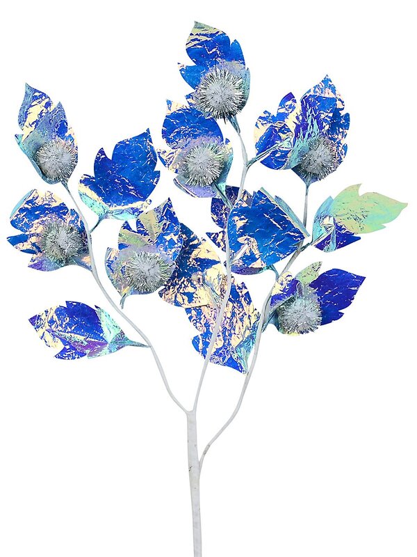 Iridescent Blue Hawthorn Like Leaf Spray Long Christmas Tree Clip Stem | 50cm