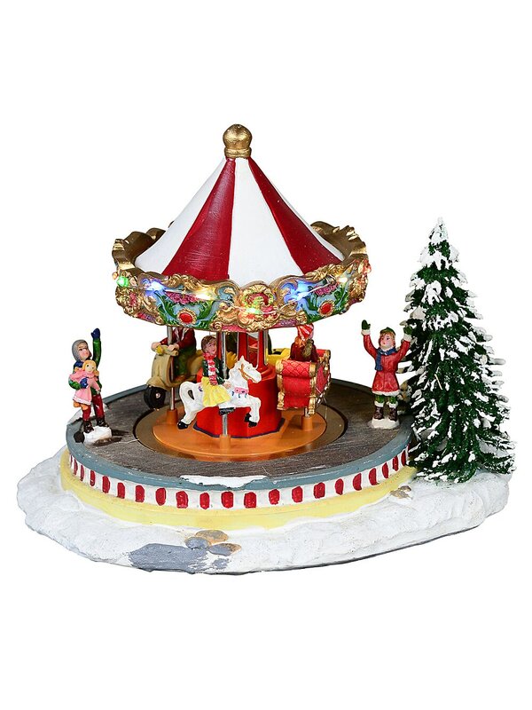 Kids Enjoying A Winter Fun Park Merry-Go-Round Christmas Village Scene - 23cm