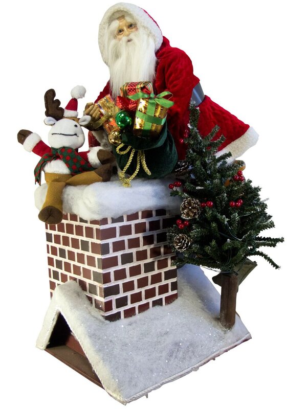 Large Decorative Santa Climbing In Chimney With Gifts & Tree - 84cm