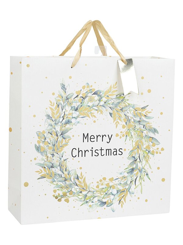 Large Eggshell White Christmas Wreath Gift Bag With Gold Foil | 35cm