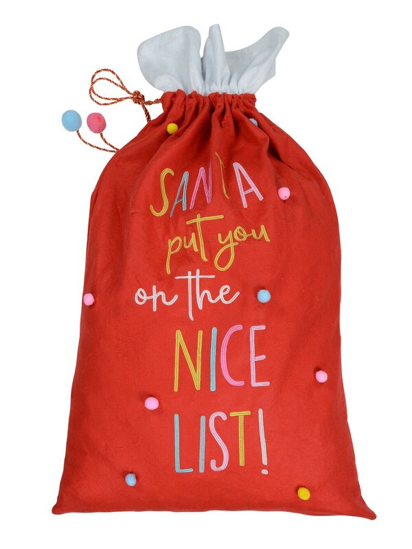 Large Felt ' Santa Put You On The Nice List! ' & Pom-Poms Gift Santa Sack - 1m