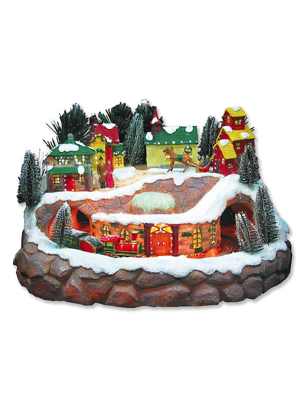 Large Fibre Optic Village Scene With Moving Train - 24cm