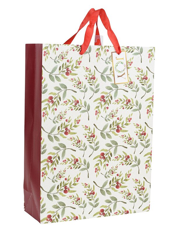 Large Ivory Christmas Berry Branch Gift Bag With Glitter | 42cm