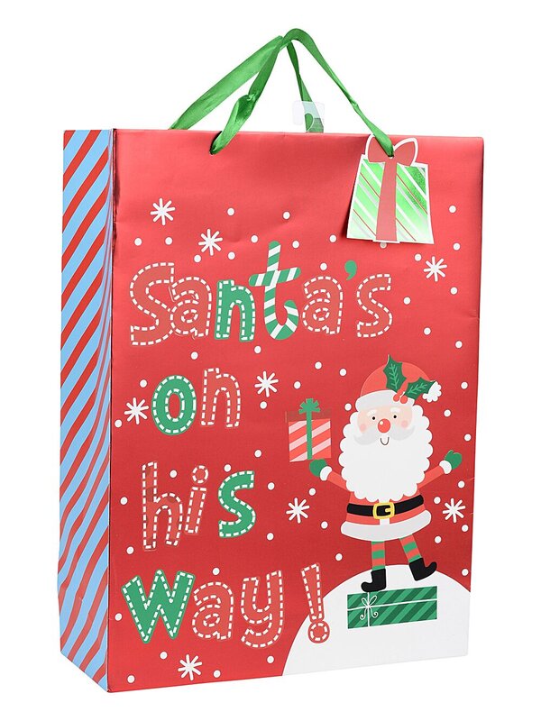 Large Red Santa's On His Way Christmas Gift Bag With Gloss | 42cm