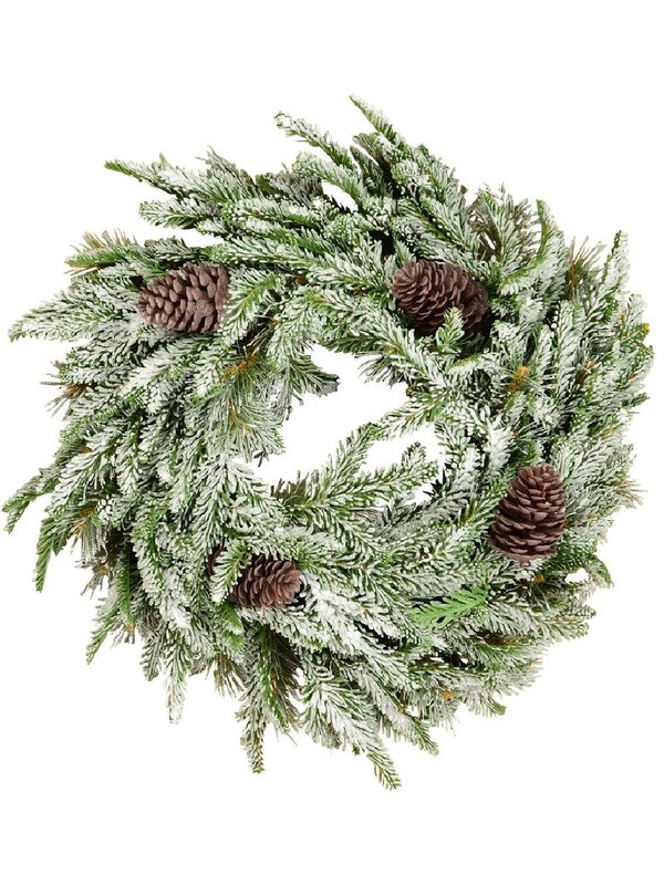 Lightly Flocked Two Needle Pine Wreath With Pine Cones & 120 Tips - 50cm