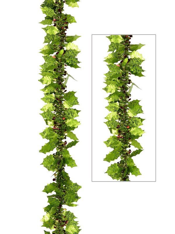 Lime Green Holly Leaf & Berry Like Tinsel Garland - 2.7m