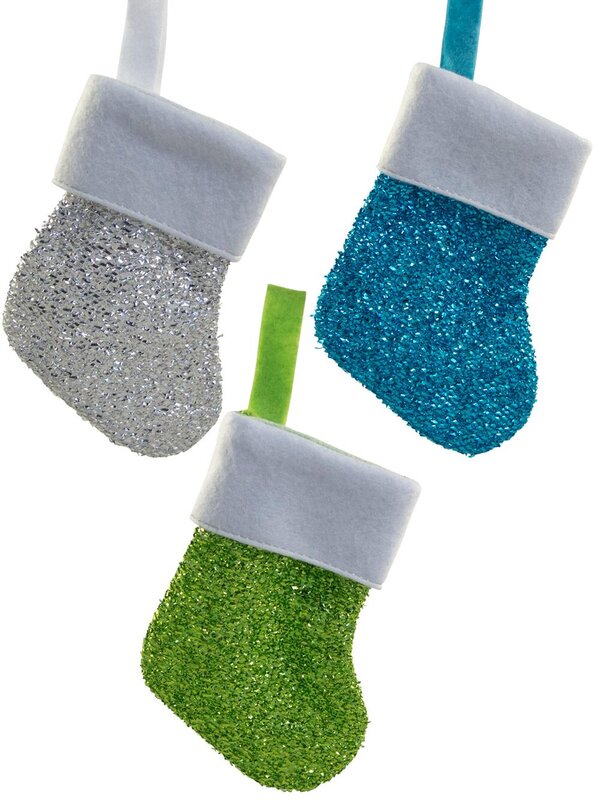 Lime Green, Turquoise & Silver Mini Tinsel Fabric Stocking Decorations - 6 x 15cm