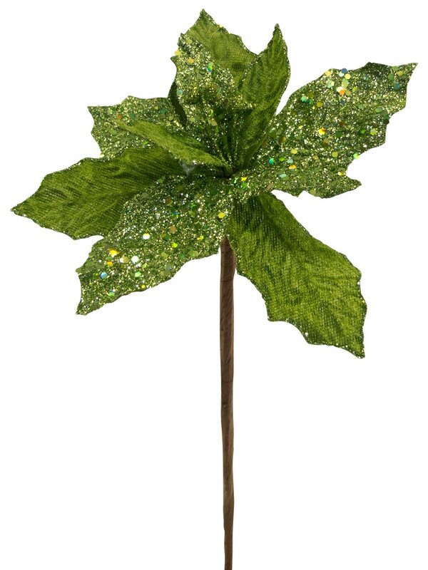 Lime Sequin & Fabric Petal Poinsettia Decorative Pick - 17cm