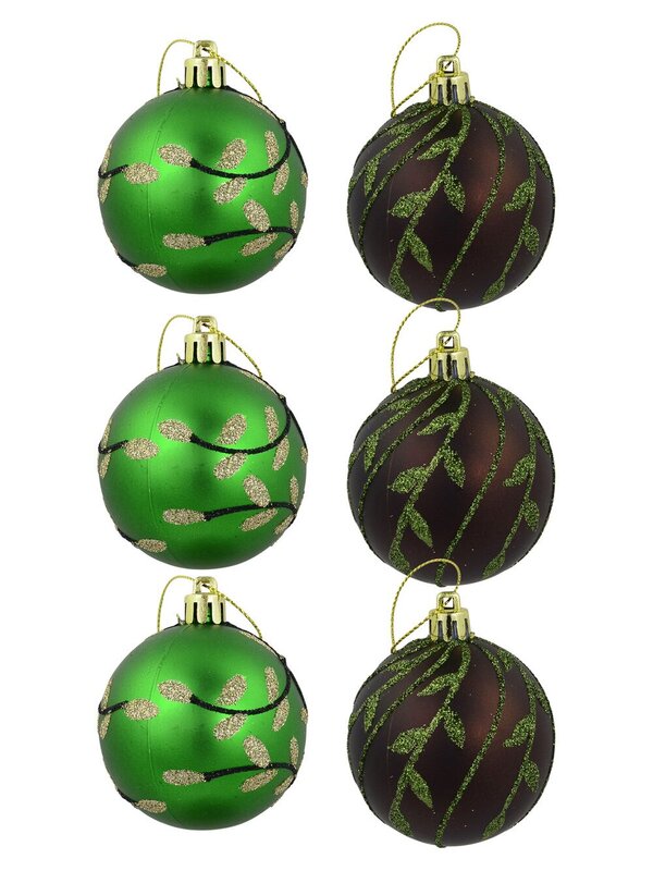 Matte Green & Brown With Glitter Leaf Design Baubles - 6 x 60mm