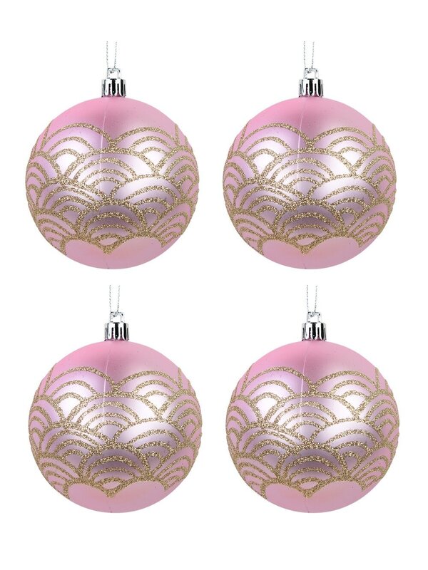 Matte Pink & Gold Glitter Art Deco Inspired Print Baubles - 4 x 80mm