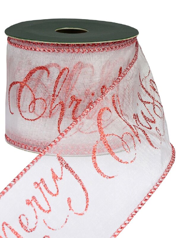 Merry Christmas Print On Sheer White Christmas Ribbon With Red Edge - 3m