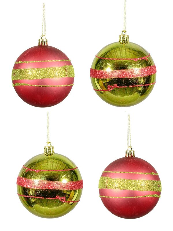 Metallic Green & Matt Red With Glitter Stripes Baubles - 4 x 80mm