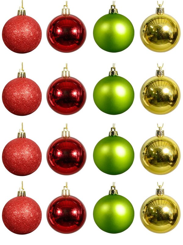 Metallic Red, Gold, Matt Green & Red Glitter Baubles - 16 x 60mm